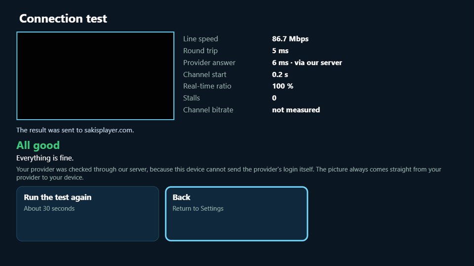 Connection test result on a MAG box: line speed, provider answer and channel start, all good