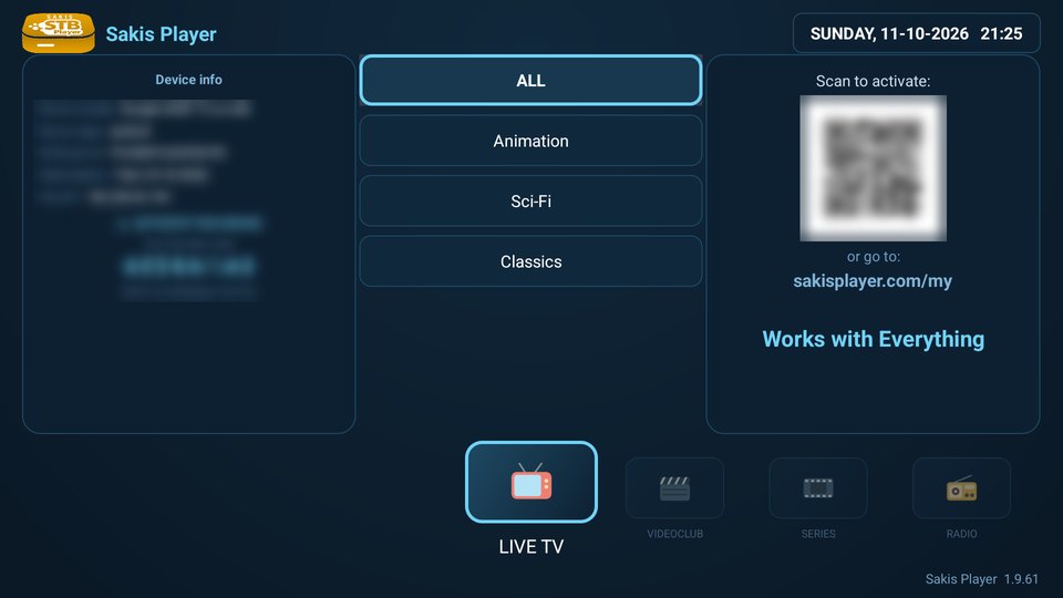 Home screen of Sakis Player on Android TV with categories and the Live TV, Videoclub, Series and Radio tiles