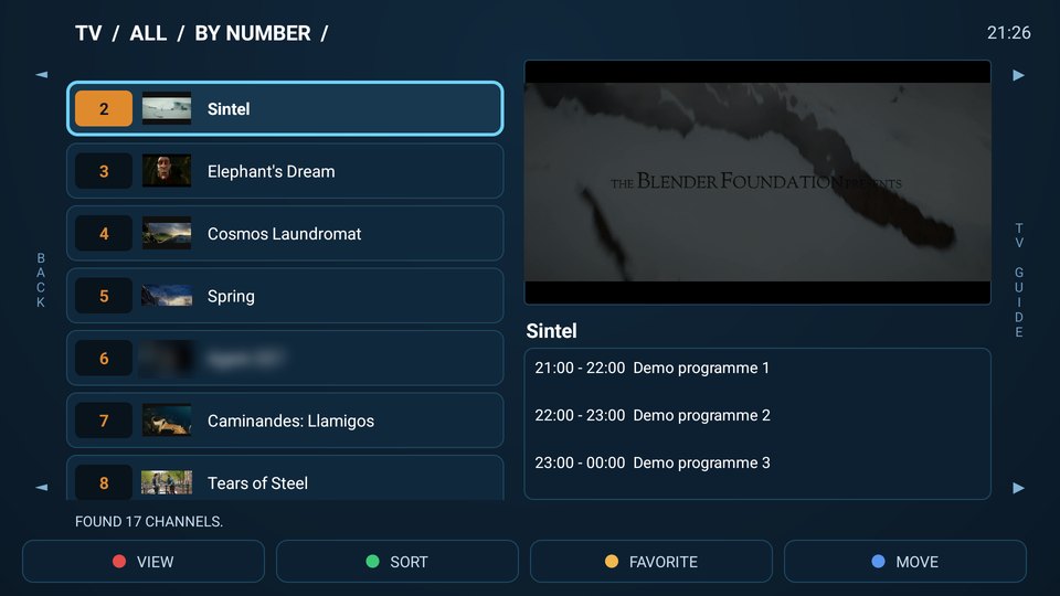 Channel list with numbers, logos, a live preview and the TV guide on Android TV